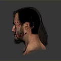 Realistic 3D Model of Man with Long Hair Beard and Facial Scars