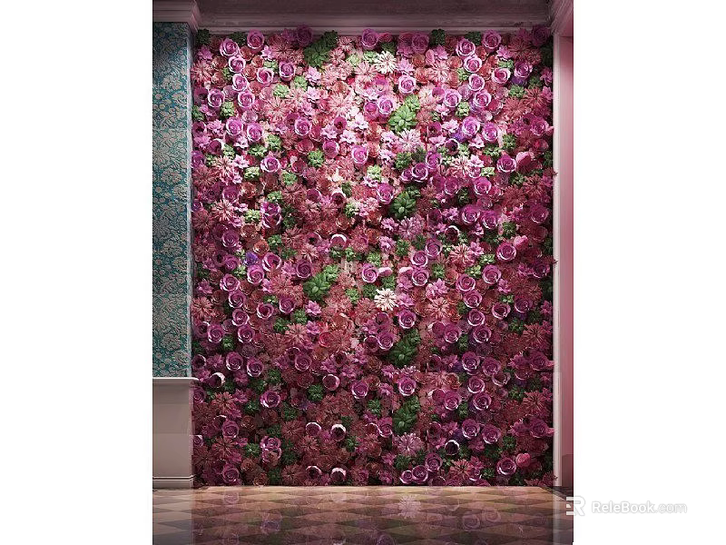 Indoor Living Plant Wall With Lush Green Foliage And Pink Flowers 3d model 