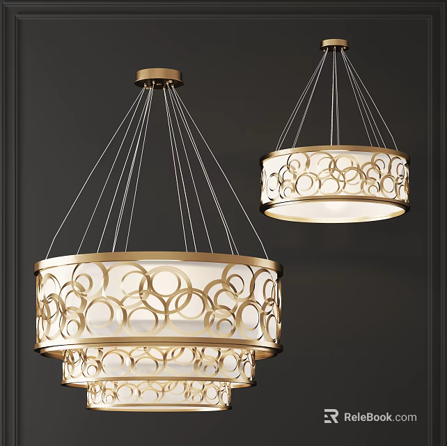 Modern Gold Ring Design Chandeliers with White Shades on Dark Wall Background 3d model 