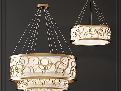Modern Gold Ring Design Chandeliers with White Shades on Dark Wall Background 3d model