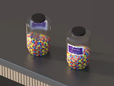 Colorful Chocolate Candies in Transparent Jars with Black Lids and Purple Labels 3d model