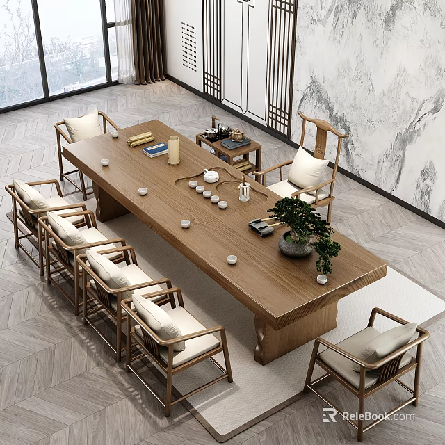 Wooden Chinese Style Tea Table And Chairs With Elegant Tea Set Cups And Potted Plant 3d model 