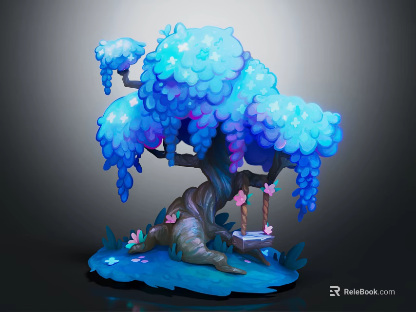 Magical Cartoon Scene With Blue Glowing Tree Swing And Floating Petals 3d model 