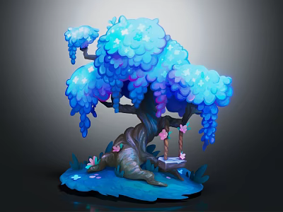 Magical Cartoon Scene With Blue Glowing Tree Swing And Floating Petals 3d model