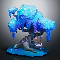 Magical Cartoon Scene With Blue Glowing Tree Swing And Floating Petals
