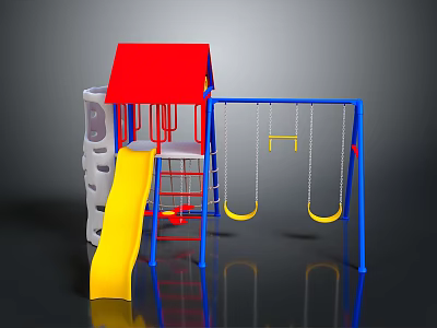 Colorful Playground Structure With Red Roof Yellow Slide And Blue Swing Set 3d model