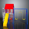 Colorful Playground Structure With Red Roof Yellow Slide And Blue Swing Set