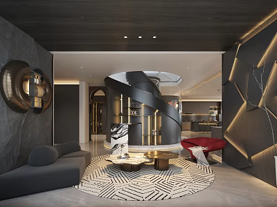Elegant Modern Lounge Interior With Spiral Staircase Gray Sofa Red Accent Chair And Round Rug 3d model