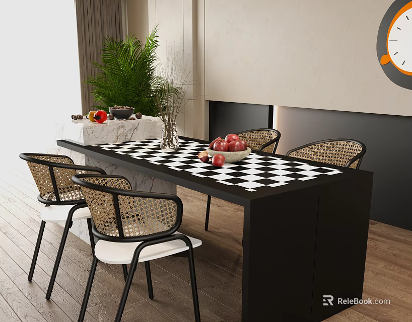Modern Dining Table Set with Black White Checkered Top Rattan Chairs and Green Plant 3d model 