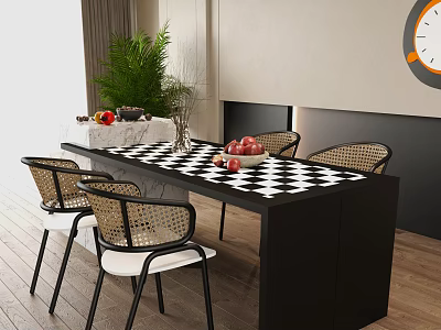 Modern Dining Table Set with Black White Checkered Top Rattan Chairs and Green Plant 3d model