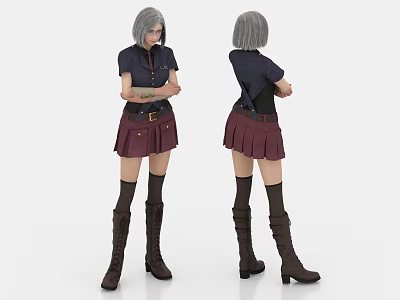 Short gray haired woman in dark blue top maroon skirt and brown knee high boots arms crossed 3d model