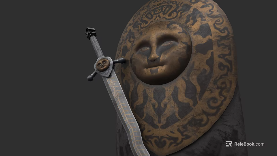 Medieval Weapon Display With Sun Face Shield And Ornate Decorative Sword 3d model 