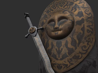 Medieval Weapon Display With Sun Face Shield And Ornate Decorative Sword 3d model