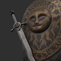Medieval Weapon Display With Sun Face Shield And Ornate Decorative Sword