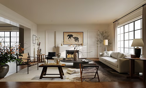 Quiet Ancient Style Living Room Without Main Lamp Living Room New Chinese Style Living Room Fabric Sofa Coffee Table Combination Leisure Chair Ancient Style Ornaments Combination 3d model