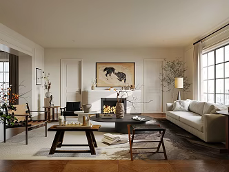 Quiet Ancient Style Living Room Without Main Lamp Living Room New Chinese Style Living Room Fabric Sofa Coffee Table Combination Leisure Chair Ancient Style Ornaments Combination 3d model