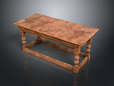 Classic Brown Wooden Long Table With Carved Legs And Sturdy Beam Support 3d model