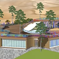 Modern Desert Library Building with Curved Architecture Trees Lawn Pathways Green Roof and Nature Integration