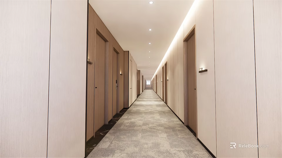 Modern Hotel Corridor with Guest Room Doors Carpeted Floor and Recessed Lighting 3d model 