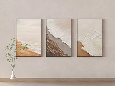 Three Natural Landscape Wall Art Decor with Beige Brown Tones and Potted Plant on Shelf 3d model