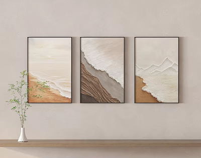 Three Natural Landscape Wall Art Decor with Beige Brown Tones and Potted Plant on Shelf 3d model