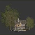 Detailed Small Stone Wooden House Model With Trees Grass And Environment