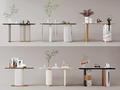 Various Modern Console Table Designs With Marble Tops Decorative Plants And Metal Frames 3d model