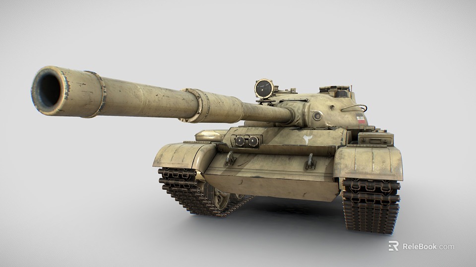 Military Tank with Long Cannon Visible Tracks and Weathered Beige Exterior 3d model 