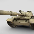Military Tank with Long Cannon Visible Tracks and Weathered Beige Exterior
