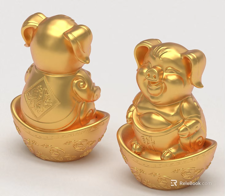 Golden Pig Sculptures With Traditional Carving And Auspicious Patterns In Golden Bowls 3d model 