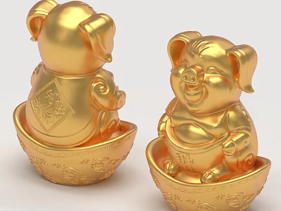 Golden Pig Sculptures With Traditional Carving And Auspicious Patterns In Golden Bowls 3d model