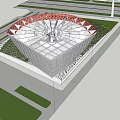 Modern Architectural Design With Geometric White Grid Facade And Red Base Structure 3d model