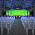 Large Conference Venue With Green Stage Speaker Red White Chairs And Big Screen