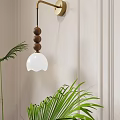 Modern Wall Lamp Design With Wooden Beads White Glass Shade Beige Interior Green Plants