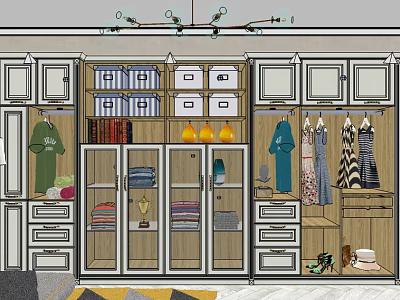 Modern Spacious Wardrobe Interior With Hanging Clothes Folded Storage Drawers Glass Doors And Decorative Trophy 3d model