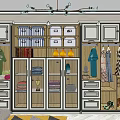 Modern Spacious Wardrobe Interior With Hanging Clothes Folded Storage Drawers Glass Doors And Decorative Trophy