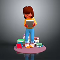 Woman Standing on Pile of Books Holding Open Book Surrounded by Colorful Books