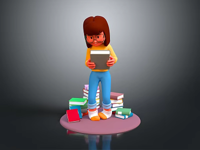 Woman Standing on Pile of Books Holding Open Book Surrounded by Colorful Books 3d model