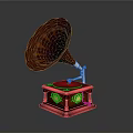 Vintage Gramophone with Red Horn Wooden Base and Golden Decorations as Classic Home Living Accessory