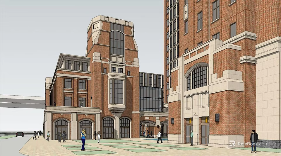 Red Brick School Campus Building With Large Windows And Arched Doorways 3d model