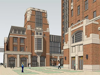 Red Brick School Campus Building With Large Windows And Arched Doorways 3d model