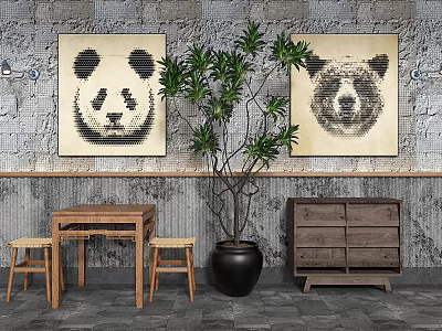 Cozy Teahouse Interior With Panda Paintings Green Plant Wooden Table Stools And Gray Wall 3d model