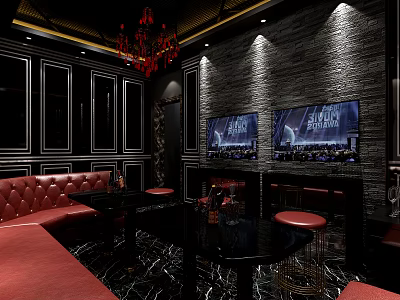 Modern KTV Interior with Red Leather Sofas Black Tables and TVs on Stone Wall 3d model