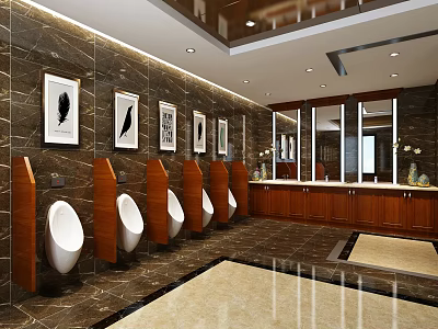 Modern Luxury Commercial Male Restroom With Exquisite Marble Walls And Solid Wood Partition Cabinets 3d model
