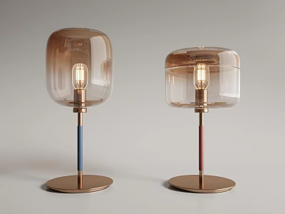 Modern Table Lamps With Transparent Square Shades Blue Red Stems And Golden Round Bases 3d model