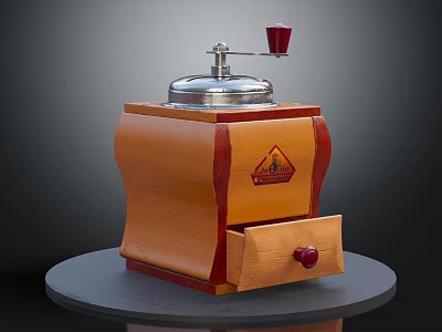 Wooden Design Coffee Grinder Kitchen Appliance With Metal Top Red Handle Drawer And Brand Logo 3d model