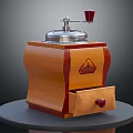Wooden Design Coffee Grinder Kitchen Appliance With Metal Top Red Handle Drawer And Brand Logo
