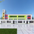 Modern School Building With Clock Tower And Colorful Facade In Front Of Plaza And Lawn