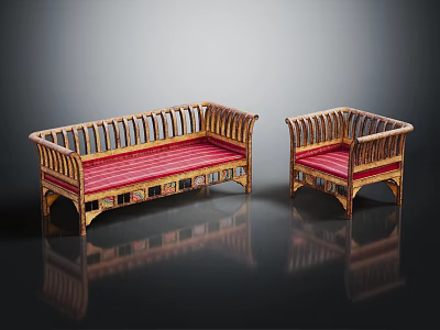 Wooden Furniture Set With Red Cushions Carved Frame And Decorative Design Details 3d model