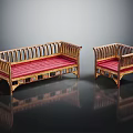 Wooden Furniture Set With Red Cushions Carved Frame And Decorative Design Details